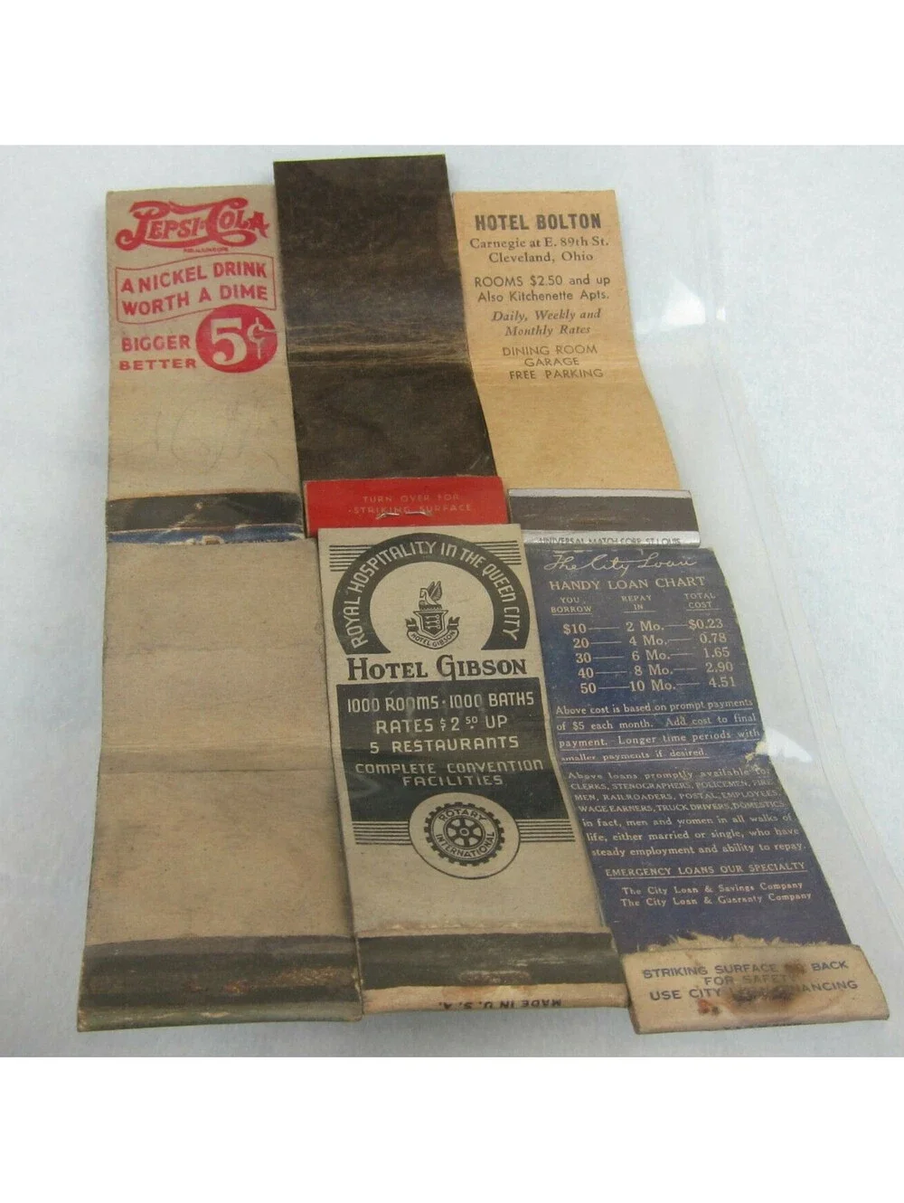 6 Vintage Matchbook Covers Pepsi Cola Double Dot Coca Cola Hotel Rieger Bolton